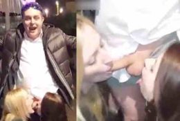 Drunk Fool Somehow Gets Two Sluts To Suck On His Dick In Public!